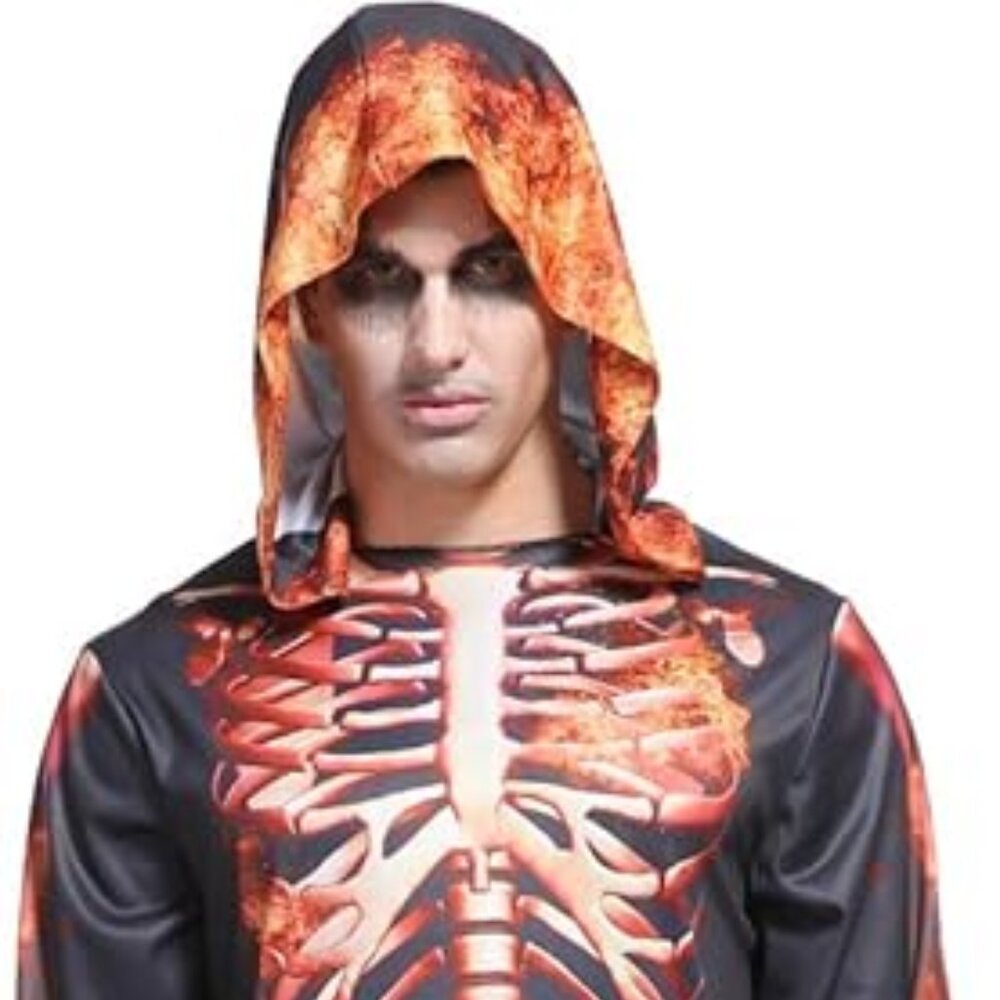 Halloween Cosplay Flame Skeleton Hooded Robe Adult Costume NWOT
